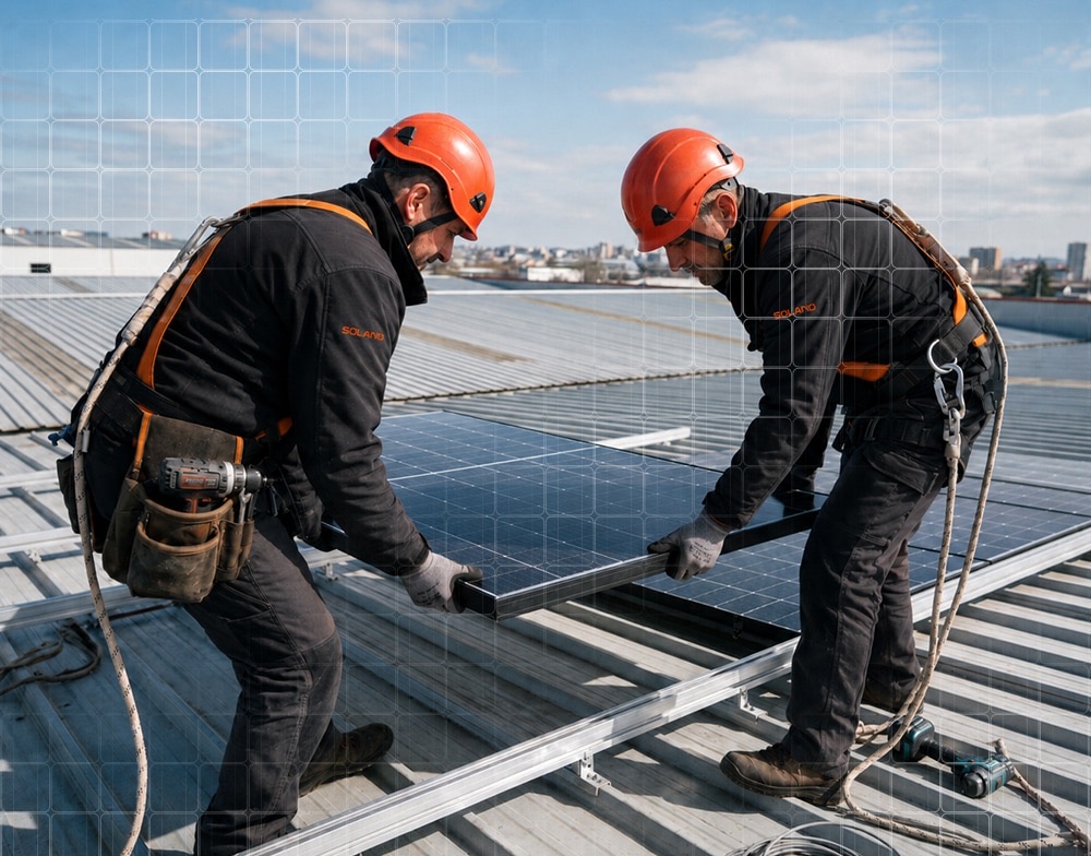 Tecnici Soland installano pannelli fotovoltaici sulla copertura di un capannone industriale